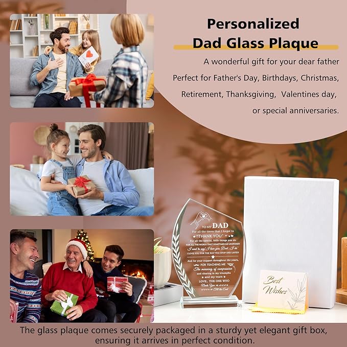 QIANWEI Fathers Day Dad Gifts from Daughter Son Wife Glass Plaque Dad Birthday Unique Gifts for Him, Present for Christmas Thanksgiving Valentines Day