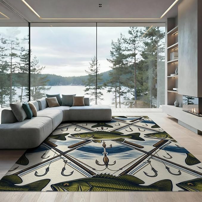8'x10' Washable Area Rug Bass Angler Hook Lure Frame Tackle Motif Border Fish Fishing Refined Structured for King Size Bedroom, Master Suite, Under Bed, Foldable Easy Care