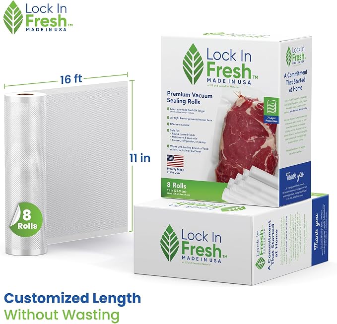 Vacuum Sealer Bags for Food - Heavy Duty Food Saver Vacuum Sealer Bag Rolls - Sous Vide, Seal a Meal Bags, 8-pack, 11" x 16' - Made in the USA