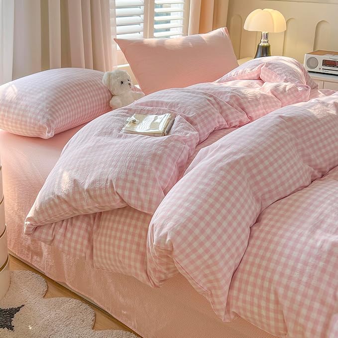 mixinni Light Pink Gingham Duvet Cover Set Full Size - 100% Washed Cotton 3 Piece Plaid Checkered Bedding Set, Soft Comfy Grid Farmhouse Comforter Cover with Zipper Closure & Corner Ties