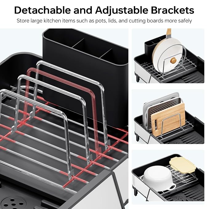 Urackify Large Expandable Dish Drying Rack for Kitchen Counter, Black | Triple Extendable 16.5"-24.2", Stainless Steel Anti-Rust Dish Drainers with Cutlery & Cup Holders for RV, Appartment,