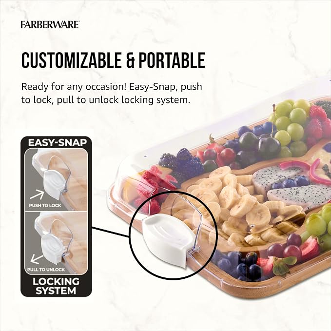 Farberware Build-A-Board Snowman Shaped Bamboo Serving Board with Clear Lid, Make and Take Holiday Charcuterie and Dessert Tray