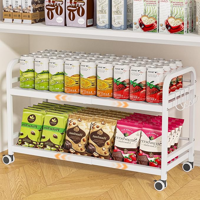 DAOUTIME 2-Tier Expandable Rolling Cart, Pantry Storage Cart with Wheels, Adjustable Rolling Pantry Floor Organizer, Metal Under Desk Cart, Sturdy Can Storage & Snack Organizer for Kitchen Pantry