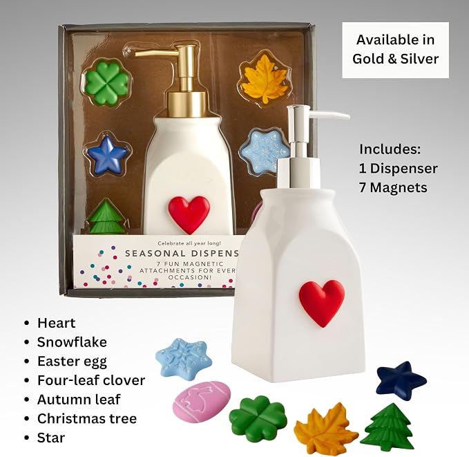 SKL Home Seasonal Soap/Lotion Dispenser Gift Set with 7 Interchangeable Magnetic Holiday Attachments, Refillable for Bathroom & Kitchen, Silver