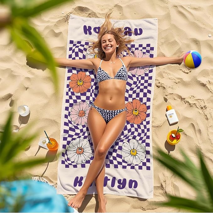 JML Personalized Beach Towel with Name, Custom Flower Beach Towel, Customized Microfiber Pool Towel, Quick Dry & Absorbent Swim Towel for Adult,Anniversary, Birthday, Summer Holiday,Vacation