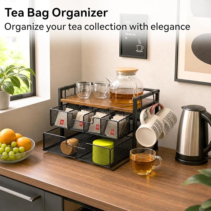 Beslands Tea Bag Organizer & Coffee Station, Matcha Kit Storage, 2 Drawers Tea Bar Tea Box Kitchen Shelf for Countertop, Teabag holder with 4 Hooks, Matcha Tea Station