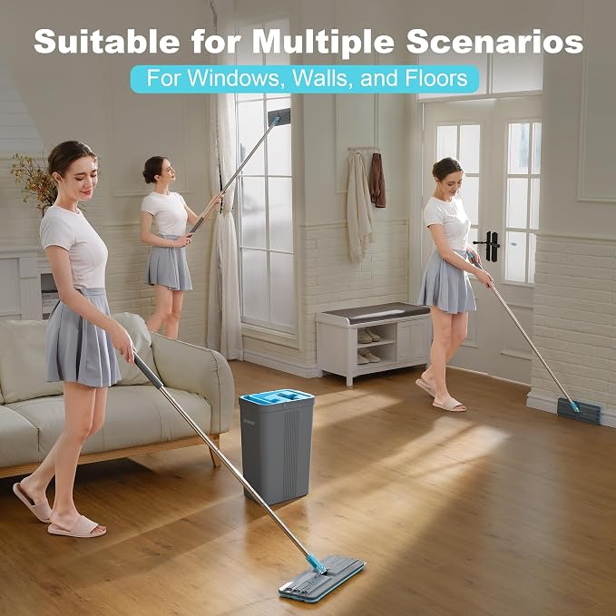 JOYMOOP Mop and Bucket Set, Mops for Floor Cleaning, Wall Mop Cleaner with Long Handle, with 4 Reusable Microfiber Mop Pads - Grey+Cyan Blue