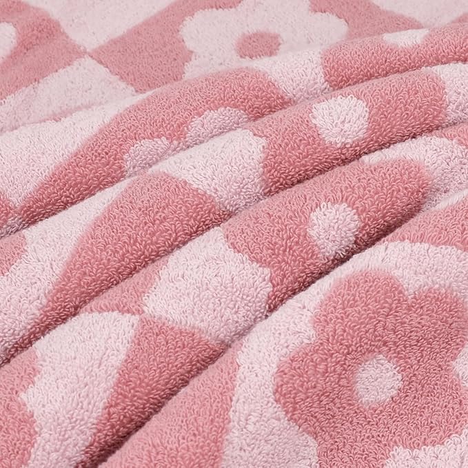 2-Pieces Luxury Bath Towels Checkered Floral, Pink Towels for Women Girls | Shower Body Towel 27.5x55 Inches, Bathroom Decor & Pool Days, Cotton