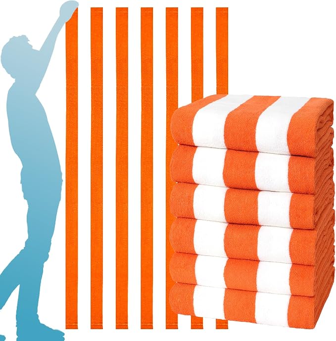 6 Packs Oversized Stripe Beach Towel Thin Terry Set with Towel Bands Extra Large XL Big Clearance Soft Super Swim Towels Pool Bath Travel Accessories Essentials Blanket Men Women Adults Gift Orange