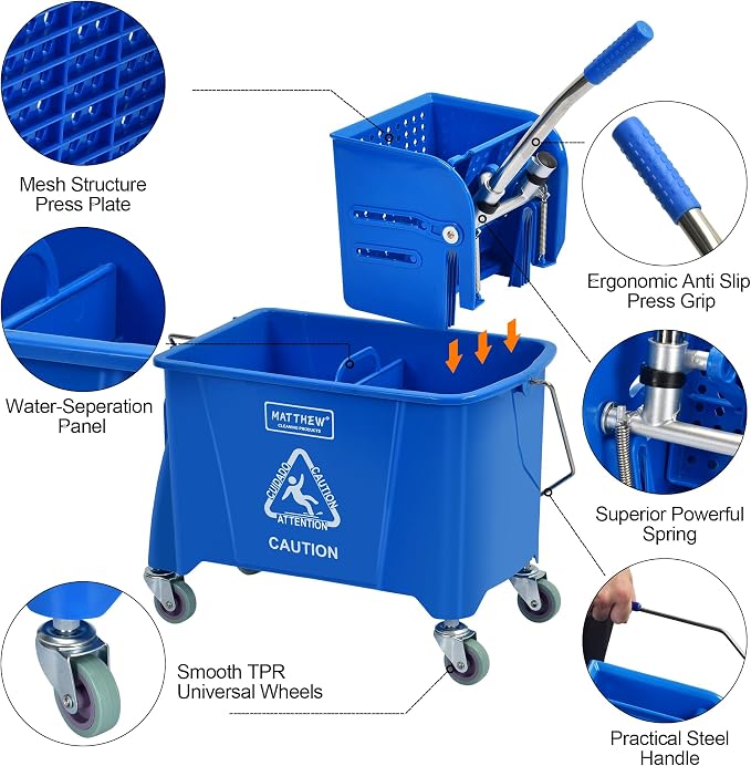 MATTHEW Cleaning Blue 22Quart Compact Mop Bucket INCL.2 Pcs Mop Head with Side Press Wringer On Wheels,Tandem Portable Floor Cleaning Wavebrake,Ideal for Household,Industrial,Restaurant,Janitorial Use