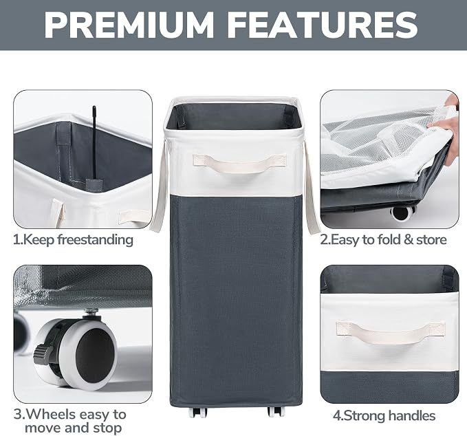 Goodpick Laundry Baskets 2-Pack, 75L Hamper with Wheels, Foldable Laundry Baskets with Removable Wash Bags, Rolling Laundry Hamper for Corner Dorm, Slim Laundry Basket, Grey&White