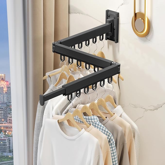 Wall Mounted Foldable Clothes Drying Rack, Heavy Duty 3-Fold Laundry Airer with Ring Hook Design, Space Saving Aluminum Rack for Balcony Bathroom Laundry Room,Black Rings