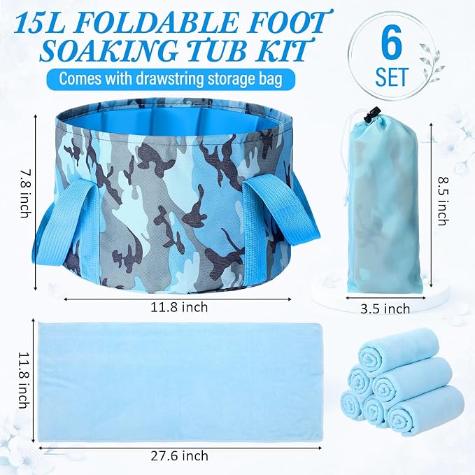 FillTouch 12 Pcs 15L Foldable Foot Soaking Tub Kit Portable Foot Bath Tub for Soaking Feet with Towel and Storage Bag Soak Spa Bucket for Travel Camping (Camouflage,Blue)