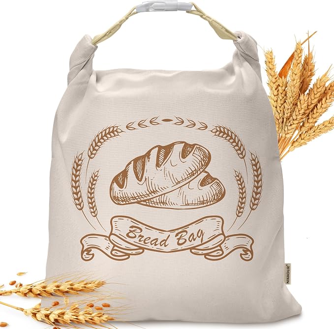 Large Linen Beeswax Bread Bags(1 Pack) Sourdough Bread Bags Reusable Double-Lock Freezer Baking Container Gift Giving for Homemade,Loaf,Sourdough,Food Storage(Artisan Bread Sketch Print, 1Pack)