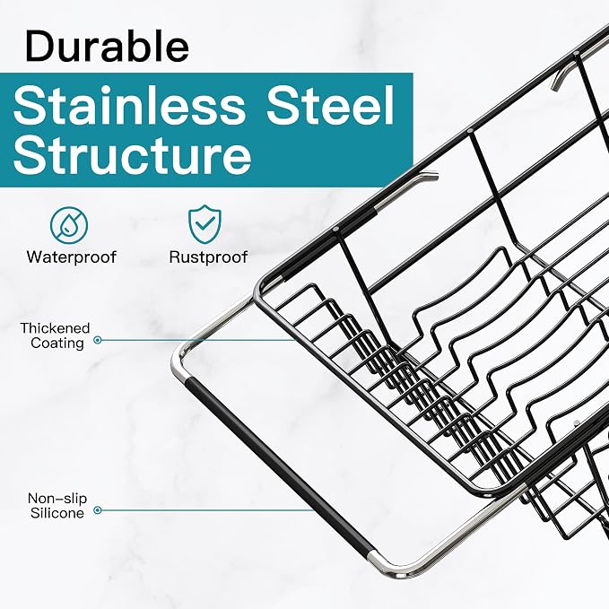 JASIWAY Black Dish Drying Rack in Sink, Dish Drainer with Utensil Holder | Over The Sink Expandable Stainless Steel Strainer Dryer Rack for Small Kitchen, Counter Space Saving, Fast Drain, Rustproof