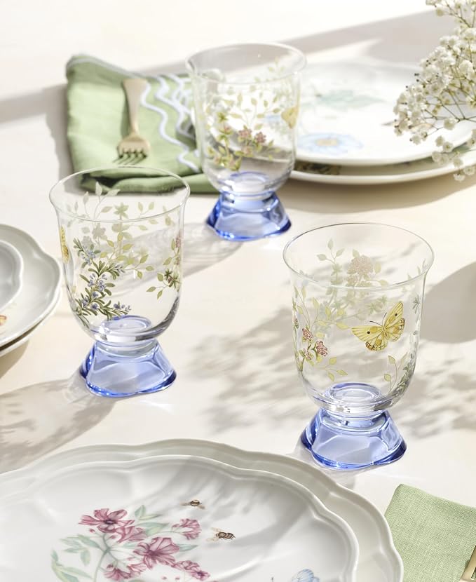 Lenox Butterfly Meadow Herbs Short Glass Tumblers, Set of 4 | Non-lead crystal, hand wash only | 5.5 inch height | floral glassware, drinking glasses | 13.5oz, gift for women