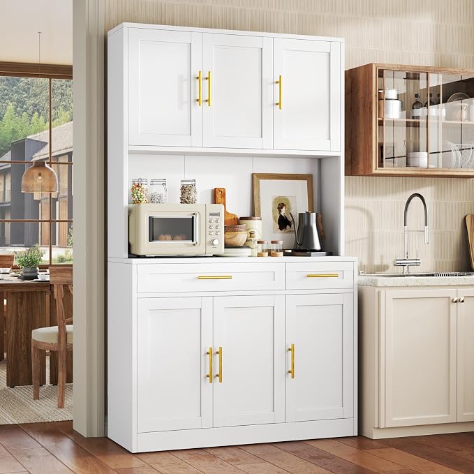 GAIOUS 71" Metal Kitchen Pantry Cabinet, Buffet Sideboard with Drawers | 6 Doors 4 Adjustable Shelves Open Countertop Charging Cable Hole Coffee Bar Cabinet Cupboard for Dining Living White