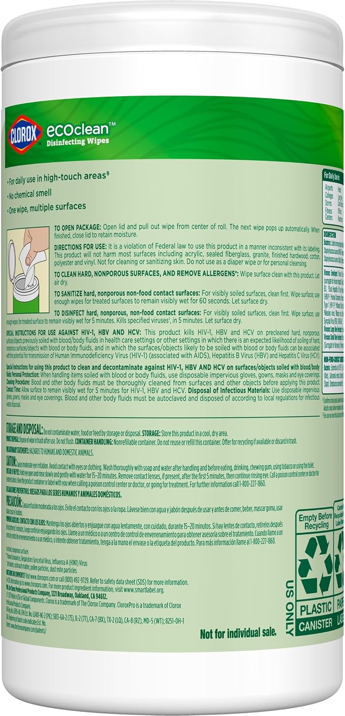 CloroxPro Clorox EcoClean Disinfecting Wipes, 75 Count, Pack of 3
