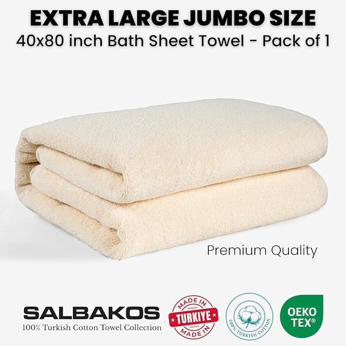 SALBAKOS Luxury 100% Turkish Cotton Bath Sheet 40x80 in (1-Piece, Ivory) | Extra Large Jumbo Oversized Bathroom and Beach Towel, Super Soft Highly Absorbent Thick Premium Hotel Quality, Made in Turkey