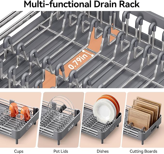 Urackify Stainless Steel Dish Drying Rack - Dish Drainer for Kitchen Counter, Extendable Drainboard with Foldable, Space-Saving Cup & Bowl Organizer, Includes Knife and Utensil Holder, Gray