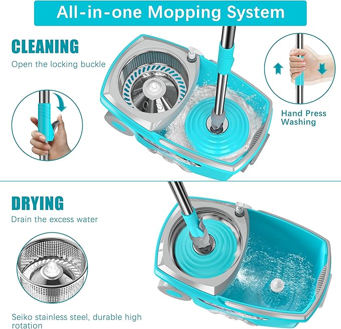 FunClean Spin Mop and Bucket for Home Cleaning, 360° Rotating Floor Mop with Wringer, Adjustable 61" Handle for Back Pain Relief, 6 Microfiber Replacement Heads, 2 Easy-Move Wheels - Blue