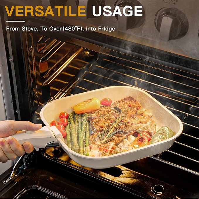 Astercook 23 Pcs Pots and Pans Set Non Stick, Ceramic Cookware Set Detachable Handle, RV Kitchen Cooking Set Removable Handles, Oven Safe, Induction Ready, Stackable, Cream, Fathers Day Gift for Men