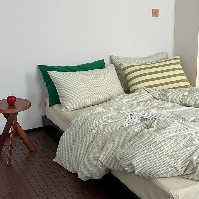 mixinni Vintage Geometric Striped Duvet Cover Set - 3 Piece 100% Washed Cotton King Size Bedding Set with Matching Pillowcases | Mid-Century Modern Design | Ultra Soft & Breathable-King Size