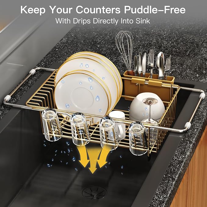 Gold Dish Drying Rack Over The Sink with Utensil Holder | Expandable Stainless Steel Dish Drainer for Small Kitchen, Apartment, RV, Counter Space Saving, Perfect Fit, Rustproof