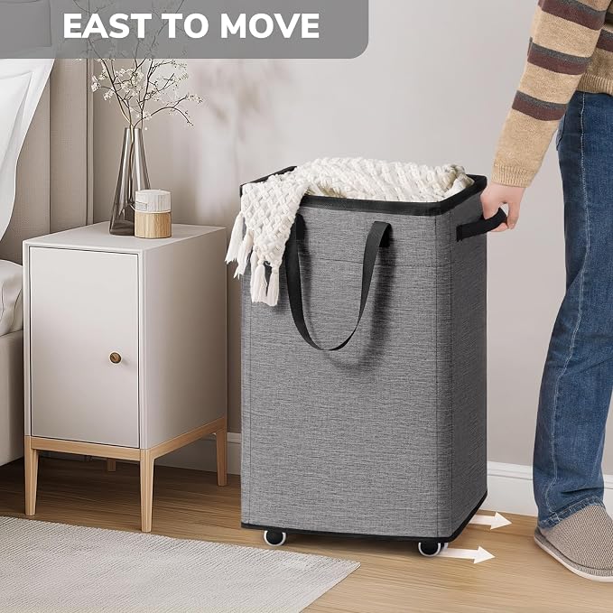 Goodpick 75L Rolling Laundry Basket, Large Laundry Hamper with Handles and Removable Wash Bag, Space Saving for Laundry Room, Light Grey