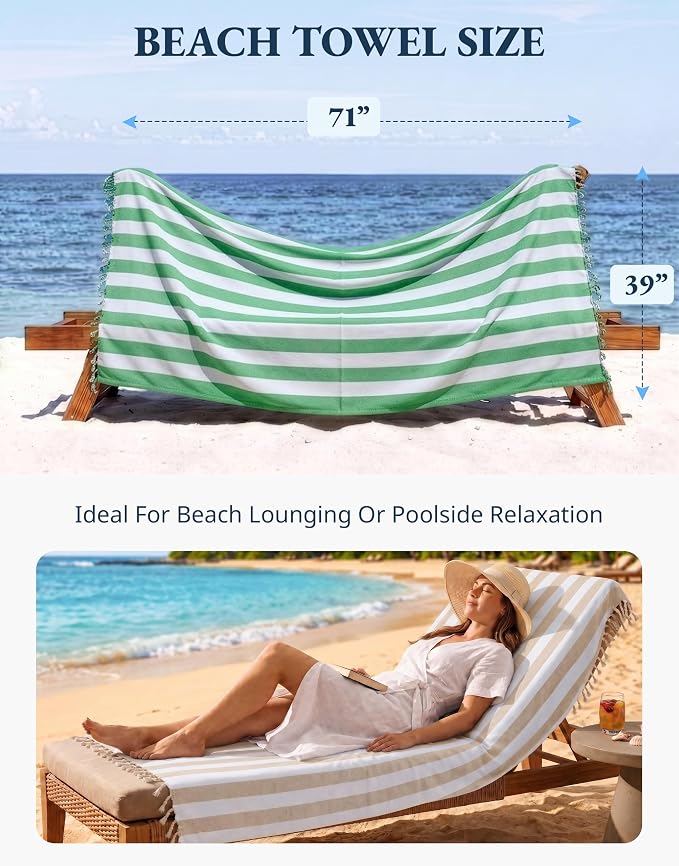 LANE LINEN 3 Pack Beach Towels Oversized, 39"x71" - Coastal Earth | Classic Cabana Stripe - Quick-Drying & Super Absorbent - Sand Shakes Right Off - Soft Pre-Washed Cotton Blend - Pool Day