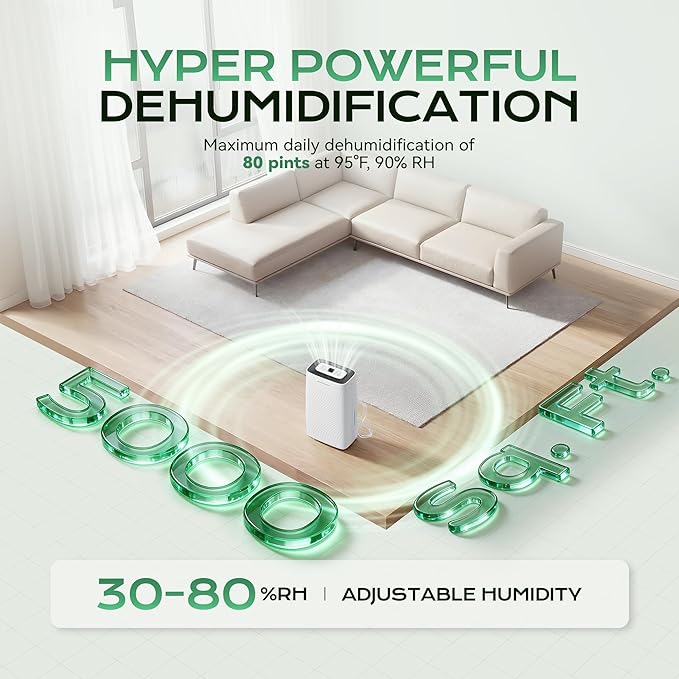 Tehanld 80-Pint Dehumidifier for Basement With Drain Hose, Compressor Dehumidifier for 5000 Sq Ft, Efficient Humidity Control,Ideal for Home, Garage, Large Room, Attic, Bathroom