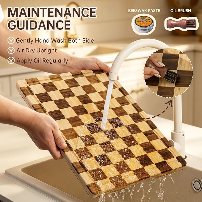 Checkered Cutting Board Set, Bamboo Cutting Board for Kitchen | 3pc, Non-Toxic, with Juice Groove,Wooden Charcuterie Boards, Non Slip Chopping Board, Housewarming Gift