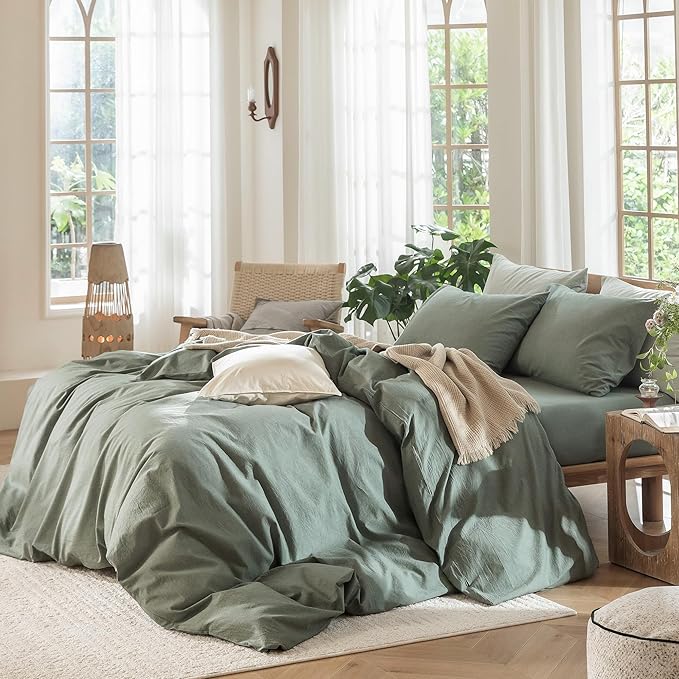 MooMee Duvet Cover Set 100% Washed Cotton Linen Like King | Relaxed Linen-like Texture. Soft, Breathable & Long-lasting Comfort. Lightweight. Hidden Zipper with 8 Interior Corner Ties