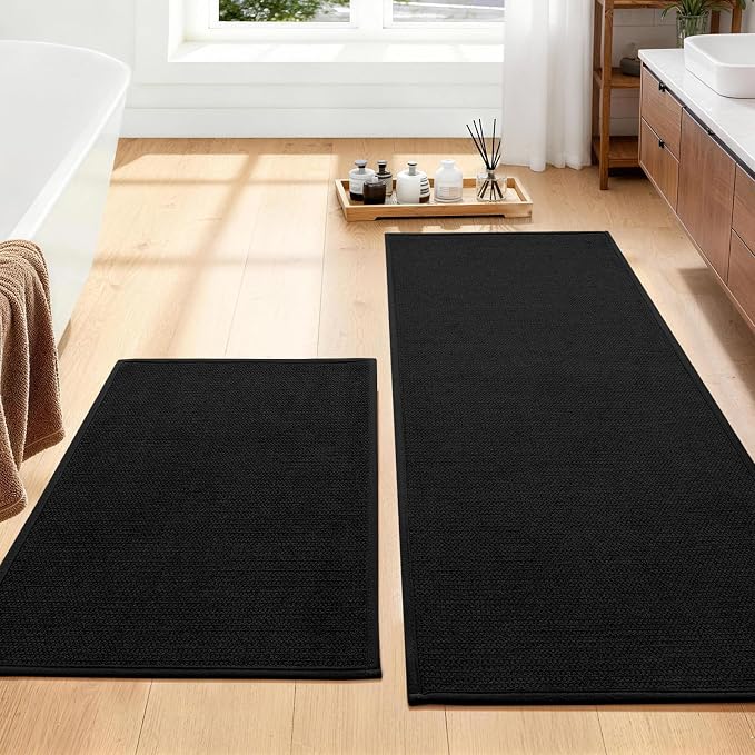 YIHOUSE Black Bathroom Rugs Sets 2 Piece, Quick Dry Thin Bath Mat, Non Slip Absorbent Machine Washable, Bath Runner Rug for Bathtub Sink Home Decor (17"x24" + 17"x47")