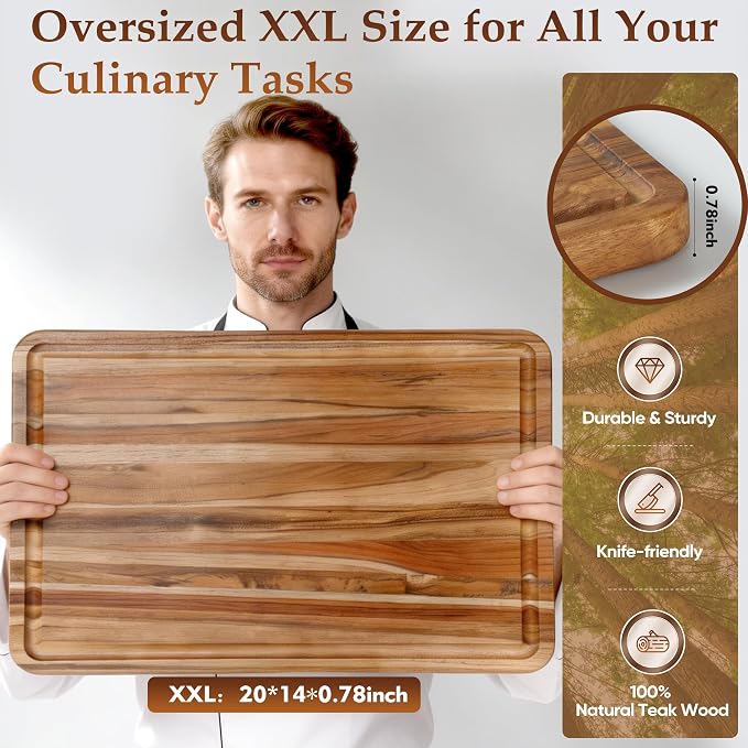 XXLarge Teak Cutting Board Wood Wooden Cutting Boards For Kitchen | Extra Large Solid Butcher Block, Natural Non-toxic, Non-slip Base, Charcuterie Board, Best Cutting Chopping Board