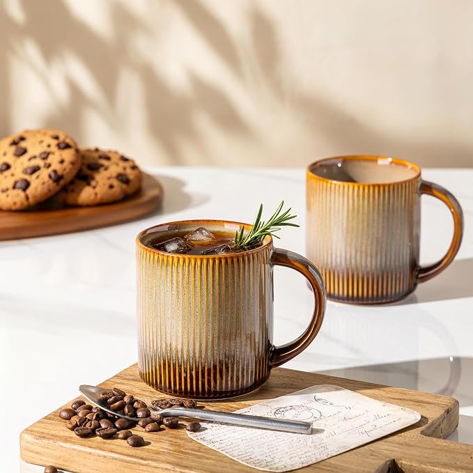 theterra Ceramic Coffee Mugs Set of 6, 14.2oz Handmade Coffee Cups with Handle for Latte, Tea, Milk, Beer, Hot Cocoa, Creamy Amber