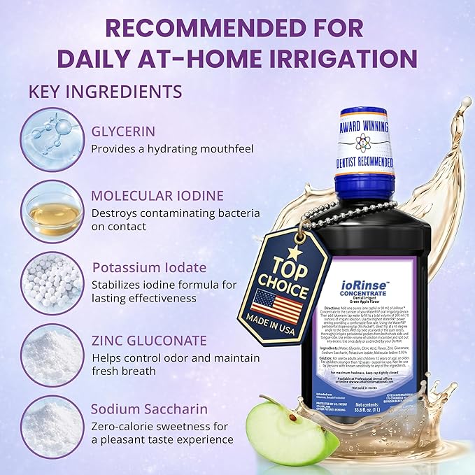 ioRinse Concentrated Irrigant with Active Molecular Iodine, Alcohol-Free Dental Irrigant, for use with Waterpik Water Flossers, and All Other Oral Irrigation Devices