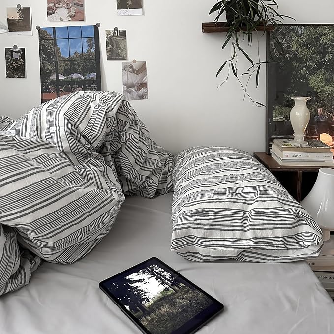 mixinni Vintage Gray & White Striped Duvet Cover Set - 3 Piece 100% Washed Cotton Queen Size Bedding | Minimalist Gender-Neutral Design | Ultra-Soft Breathable, with Zipper Closure & Corner Ties