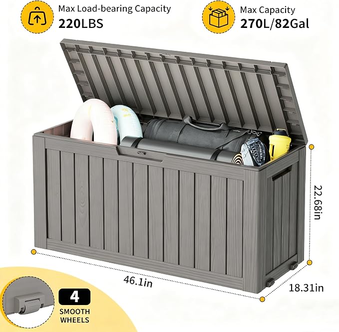 Deck Box, 82 Gallon Resin Indoor and Outdoor Storage Box Waterproof for Garden Tools, Pool Accessories Storage Bench, Patio Furniture and Cushions with Lockable Lid, Grey