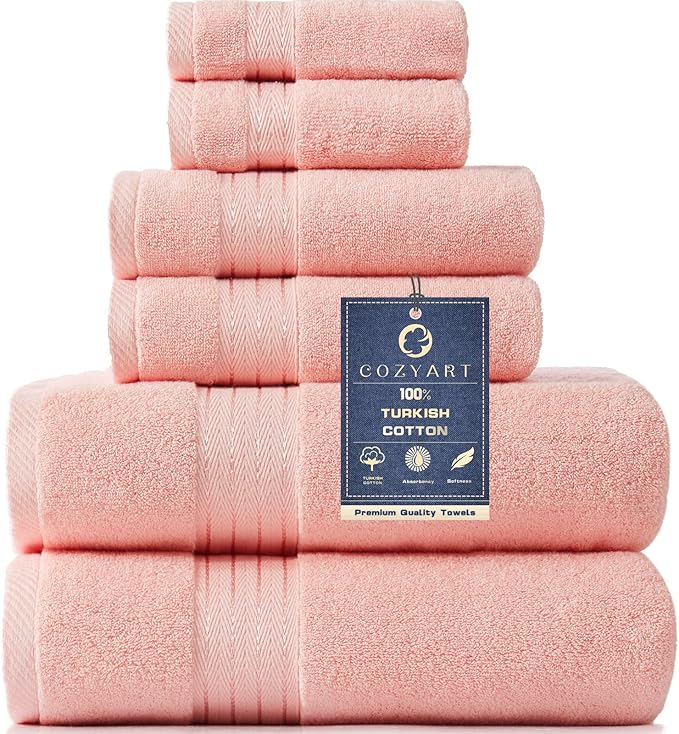 COZYART Luxury Bath Towel Set 6 Pcs, Pink 100% Turkish Cotton 650 GSM | OEKO-Tex 100 Certified Zero Twist Ring Spun, Soft Absorbent Quick Dry, Plush Fluffy, Breathable Hotel Quality for Daily Use