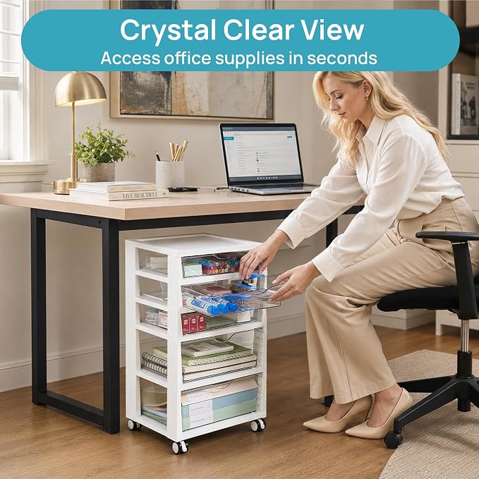 Vtopmart Plastic Drawer Storage Rolling Cart with Wheels, 5-Tier Drawer Organizer for Art Crafts Supplies, Home Office Supplies, Toys, Under Desk Storage for Office, Craft Room, Bedroom, Classroom
