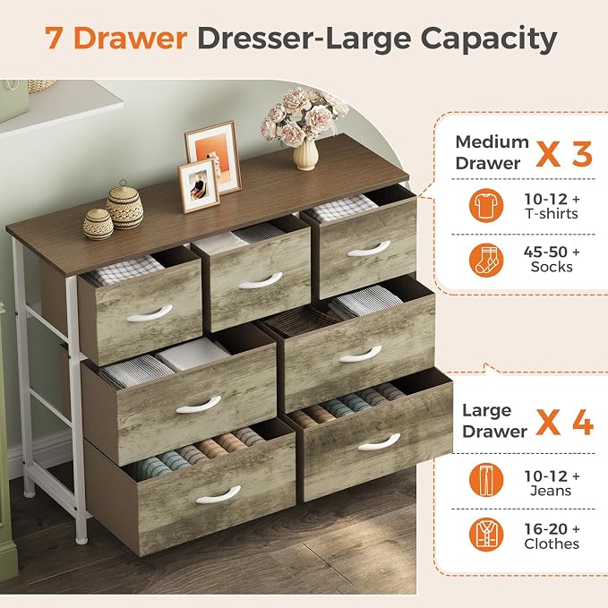 Sweetcrispy 7 Drawer Dresser with Fabric Bins, Fabric Storage Tower Organizer for Bedroom, Closet, Hallway, Entryway, Tall Chest of Drawers with Steel Frame, Wood Top, Large Storage, Greige Oak