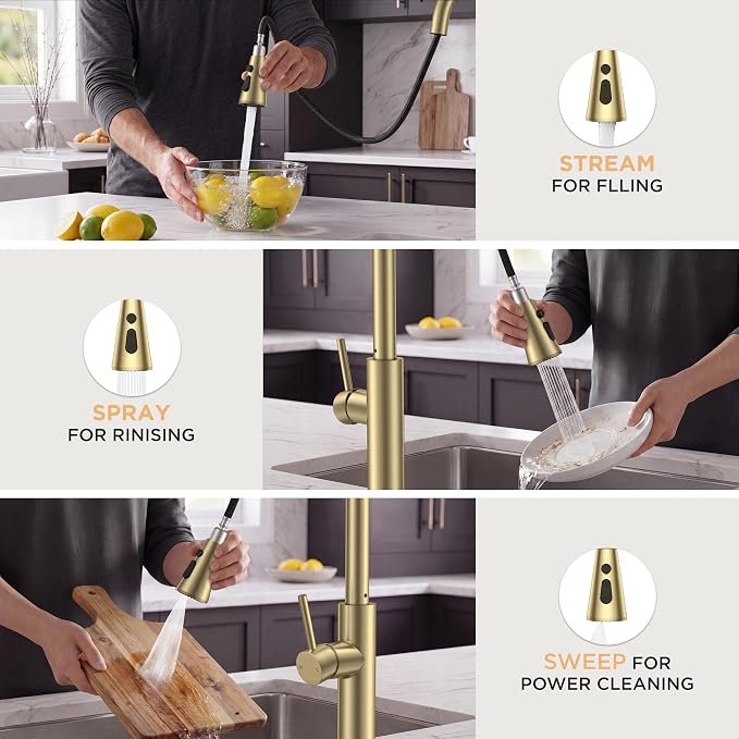 FORIOUS Kitchen Faucet with Pull Down Sprayer, High Arc Single Handle, Gold | Stainless Steel Single Lever Kitchen Sink Faucet 1 or 3 Hole, Suitable for Farmhouse, Camper, Laundry Room, Rv, Outdoor