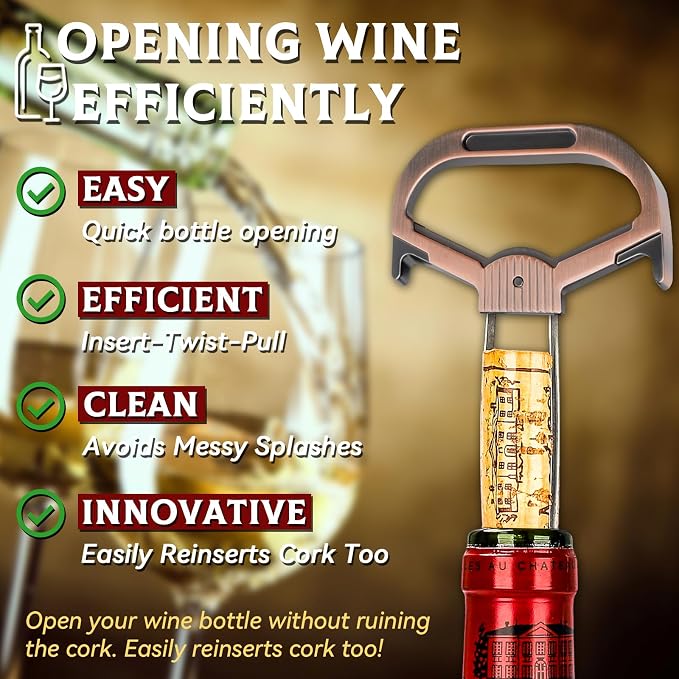 Ah So Wine Opener for Vintage Bottles, Old Wine Corkscrew with Portable Leather Case, Two Prong Cork Puller, for Wine Connoisseurs & Collectors to Uncork, Ideal Gifts for Wine Lovers (Sleek Copper)