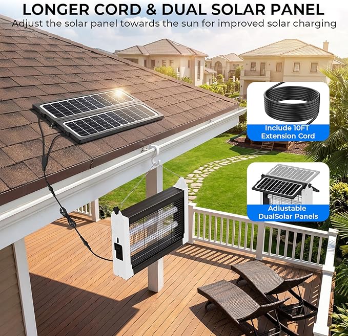 Upgraded Solar Bug Zapper Outdoor with Dual Panels, 4500V Cordless Rechargeable Fly Insect Killer Waterproof Electric Mosquitoes Zapper for Patio Garden Backyard RV Camping Pond
