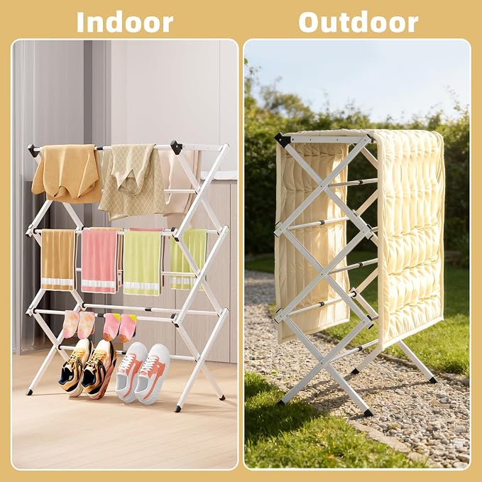 BAKON Space Saving Foldable Clothes Drying Rack, Extendable Rustproof Laundry Rack for Indoor Outdoor Use, No Assembly Required, Suitable for Bathroom Laundry Room Apartment RV, White