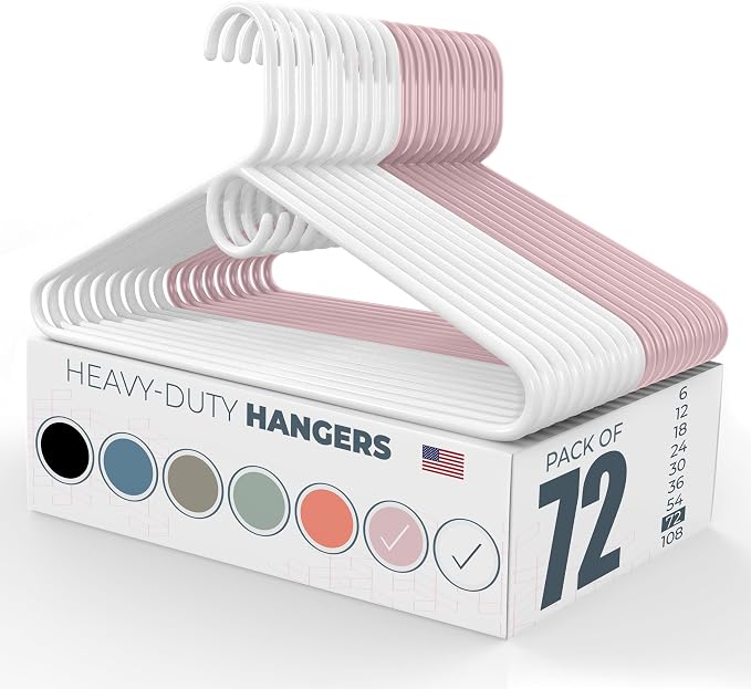 Heavy Duty Clothes Hangers 50+ Pack (72 Count) – Made in the USA – 8lb Capacity Plastic Hangers for Adult Clothing – Durable for Pants, Coats, Jackets, or Jeans – White & Pink