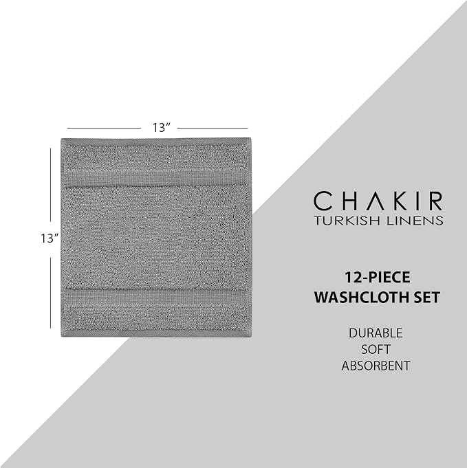 Chakir Turkish Linens 12 Piece Washcloth Set, 100% Cotton Luxury Turkish Washcloths for Bathroom, Soft Absorbent Washcloths, 13 x 13 Inches, Gray