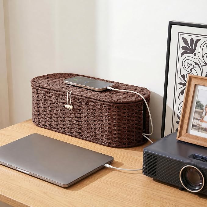 Set of 2 Cable Management Box, Handwoven Paper Rope Cord Hider Organizer Boxes with 3 Side Open Slots, Cable Organizer Box to Hide Cords Power Strip, USB Hub, TV Wires for Home, Office,Brown