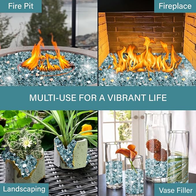 NUPICK 20 Pound Fire Glass, 1/2 Inch Reflective Fire Pit Glass | Tempered Fire Pit Rocks for Propane or Natural Gas, Glass Rocks for Fire Pit Table, Fireplace, Fire Bowl, Pacific Blue
